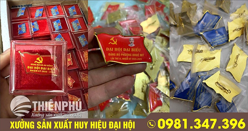 Sản xuât huy hiệu đại hội đảng in ảnh để trong hộp nhựa xi đỏ